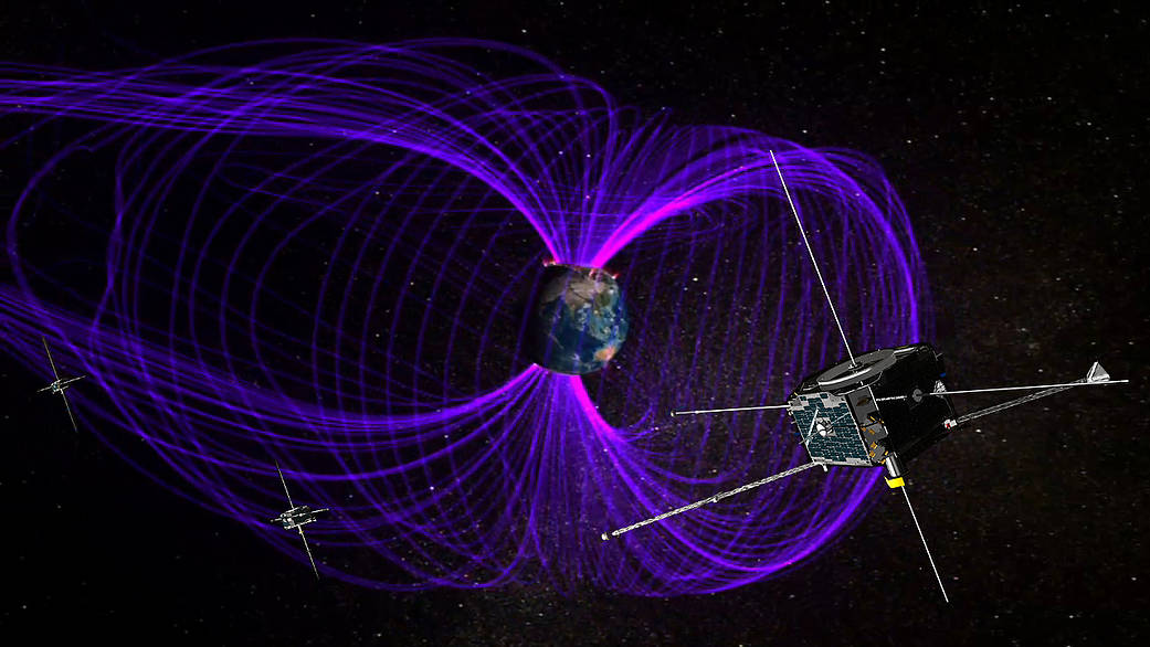 Illustraton of the THEMIS spacecraft in orbit in Earth's magnetic field.