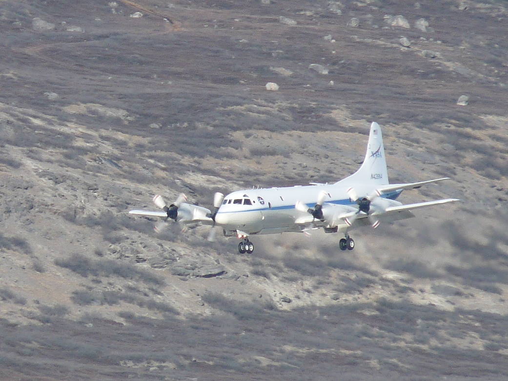 NASA's P-3B airborne laboratory coming in for a landing at the airport in Kangerlussuaq, Greenland.