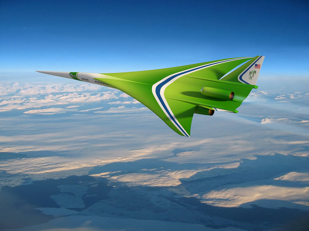 Artist illustration of a concept for a supersonic aircraft in flight.