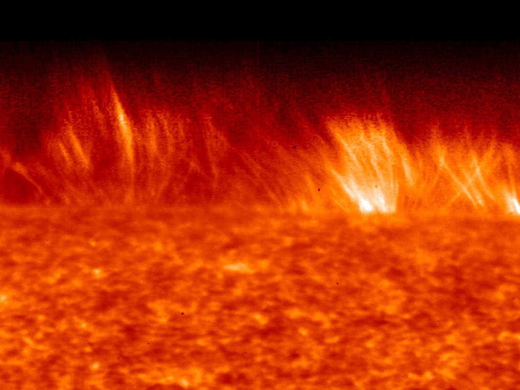 This image from JAXA's Hinode mission shows the lower regions of the sun's atmosphere, the interface region, which a new mission called the Interface Region Imaging Spectrograph, or IRIS, will study in exquisite detail.