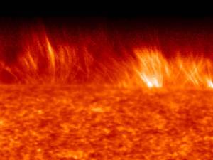 This image from JAXA's Hinode mission shows the lower regions of the sun's atmosphere, the interface region, which a new mission called the Interface Region Imaging Spectrograph, or IRIS, will study in exquisite detail.