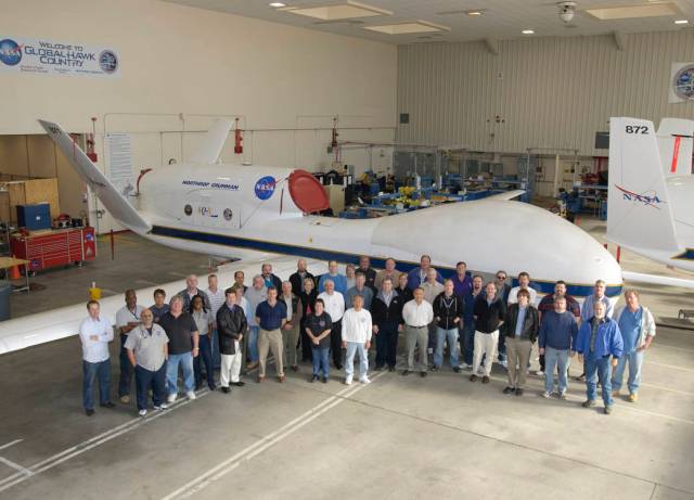 NASA and Northrop Grumman personnel who support operation and maintenance of NASA's two Global Hawk Earth science aircraft gathe