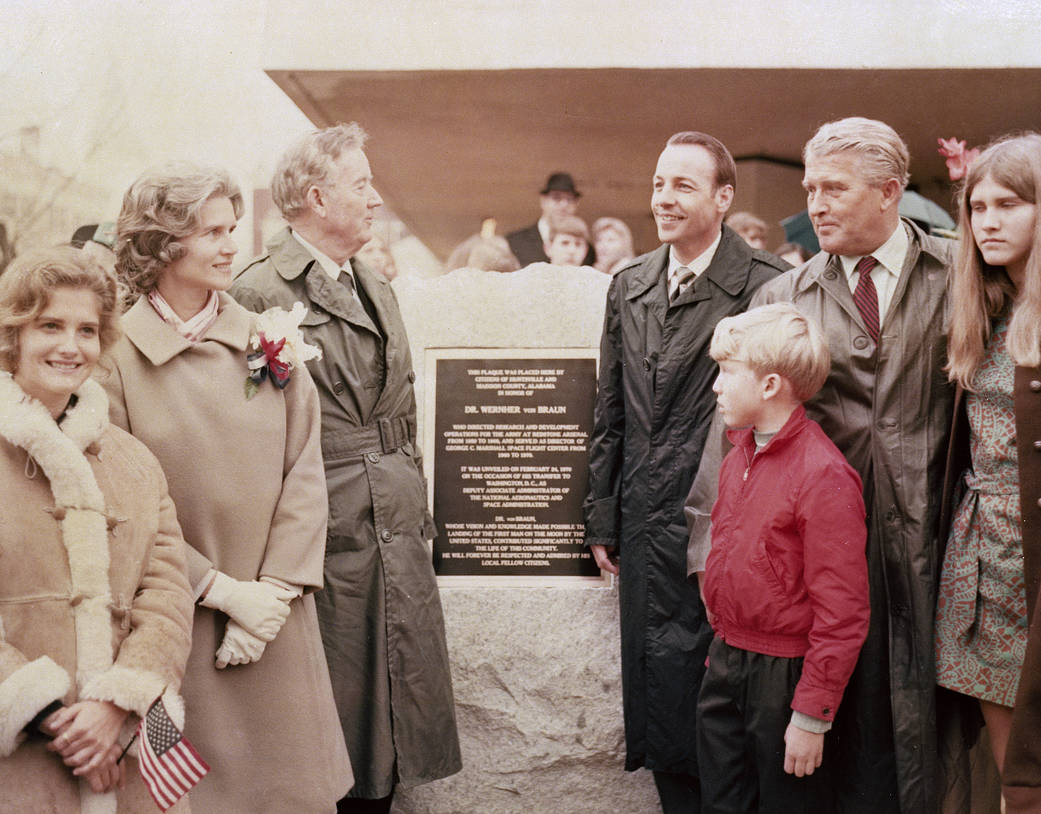 Pictured with Dr. von Braun are (left to right), his daughter Iris, wife Maria, U.S. Senator John Sparkman and Alabama Governor 