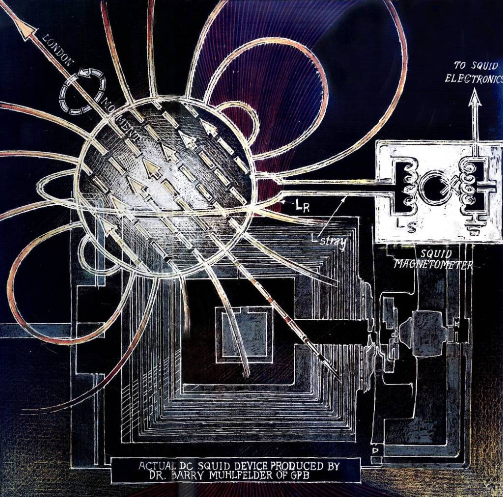 Artwork by Barron Storey of Gravity Probe B: Superconductivity and SQUIDs