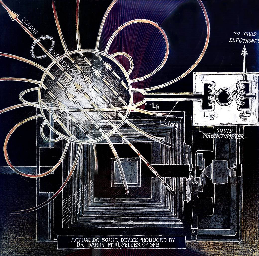 Artwork by Barron Storey of Gravity Probe B: Superconductivity and SQUIDs