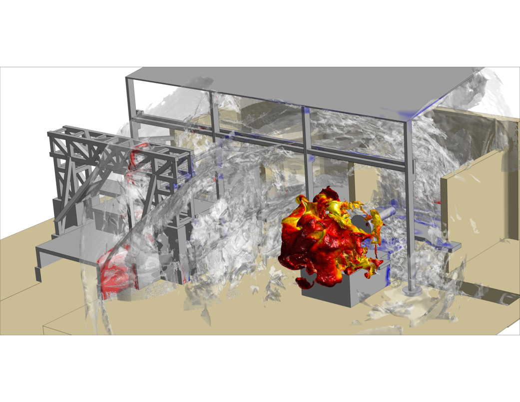 This simulation shows the detonation of gaseous hydrogen and oxygen released within a rocket engine test facility. Isosurfaces o