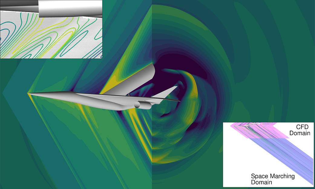Image showing the pressure wave radiating from the LM 1044 low-boom wind-tunnel model. 