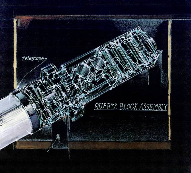 Artwork by Barron Storey of Gravity Probe B: Telescope and Quartz Block