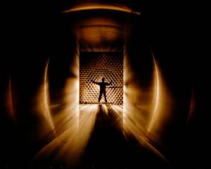 Silhouette of workman in the 8x6 foot wind tunnel.