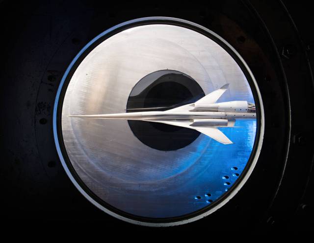 1.79 percent scale model of a future concept supersonic aircraft built by The Boeing Company in the 8x6 wind tunnel.