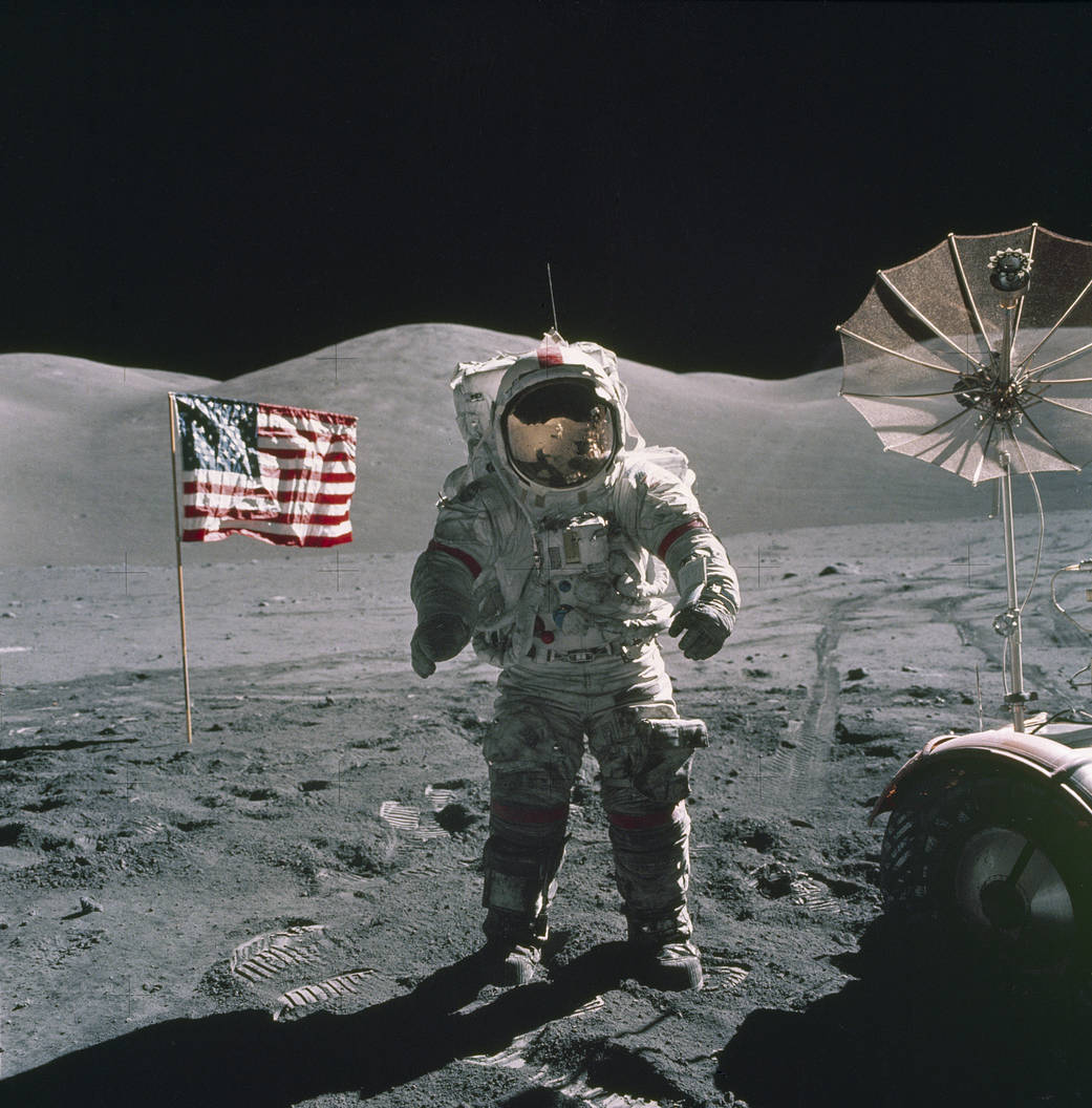 In this photo, taken during the second EVA on December 12, 1972, Apollo 17 Mission Commander Eugene A. Cernan is standing near t