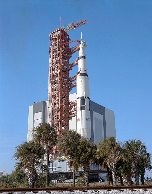 Saturn rocket rolls out from the Vehicle Assembly Building at Kennedy Space Center