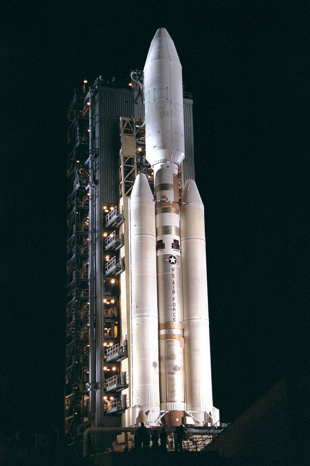 Liftoff of a Titan IVB/Centaur carrying the Cassini orbiter and its attached Huygens probe at 4:43 a.m. EDT, Oct. 15, 1997.