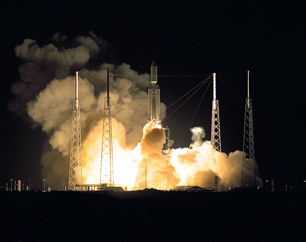 Liftoff of a Titan IVB/Centaur carrying the Cassini orbiter and its attached Huygens probe at 4:43 a.m. EDT, Oct. 15, 1997.