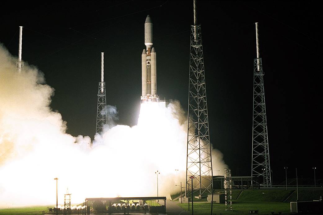 Liftoff of a Titan IVB/Centaur carrying the Cassini orbiter and its attached Huygens probe at 4:43 a.m. EDT, Oct. 15, 1997.