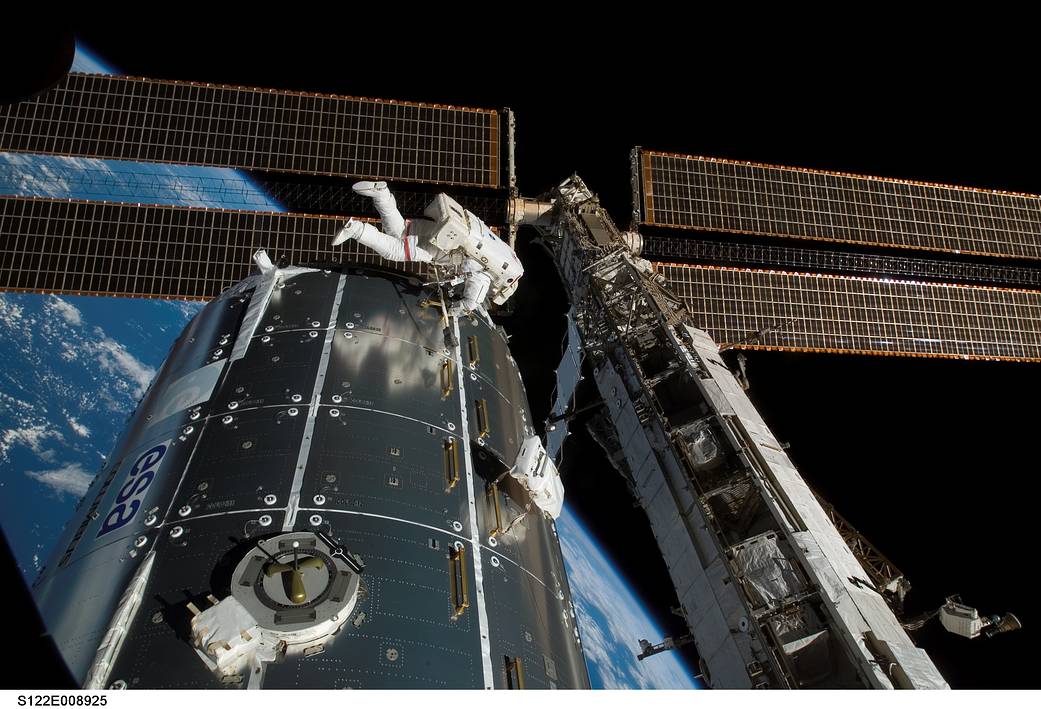 NASA astronaut Rex Walheim works outside Europe’s new Columbus lab module shortly after it was installed in February 2008.