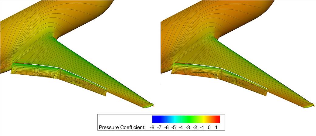 Visualizations showing the mitigation of separated flow on the high-lift Common Research Model wing's inboard flap with microjets across the lower surface (left) and without microjets (right).