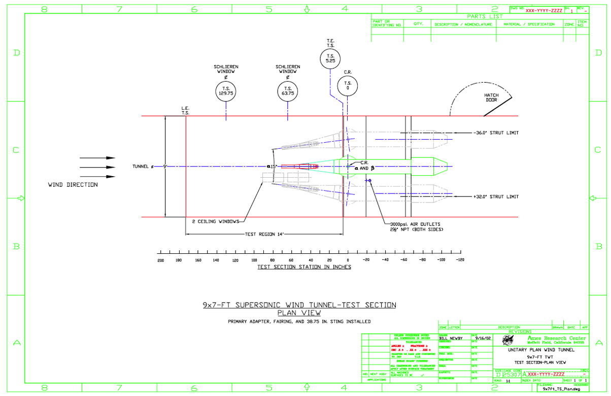 9-by 7-foot Wind Tunnel Test Section Plan View Dimensions Drawing