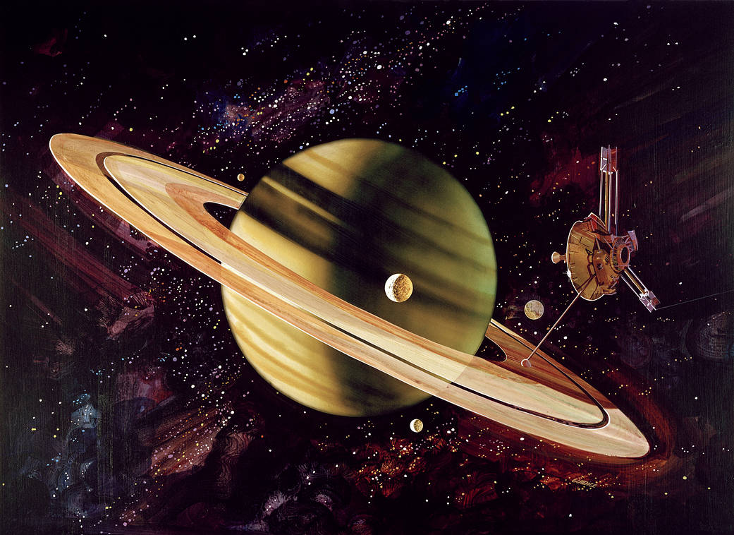 Illustration of Pioneer-11 as it encounters Saturn and its rings.