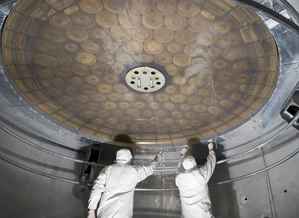 The primary mirror of SOFIA’s telescope being coated in a vacuum chamber at NASA’s Ames Research Center, in Silicon Valley California.