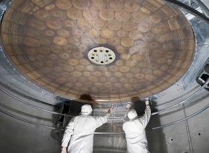 The primary mirror of SOFIA’s telescope being coated in a vacuum chamber at NASA’s Ames Research Center, in Silicon Valley California.