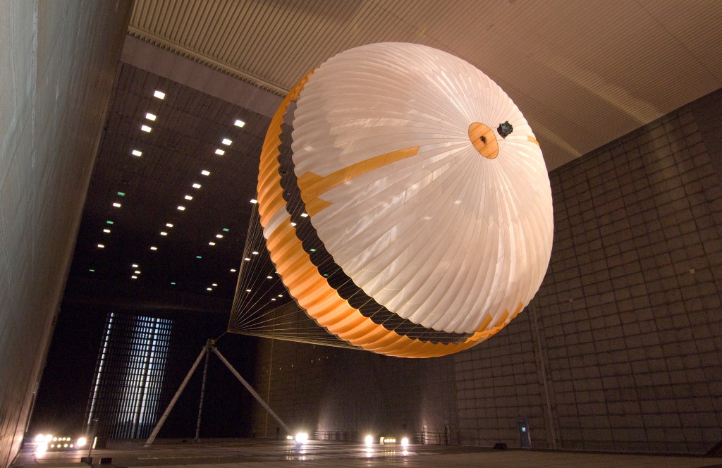 Mars Science Laboratory (MSL) parachute test in the NASA Ames 80-by-120-foot Subsonic Wind Tunnel at Moffett Field, Calif.
