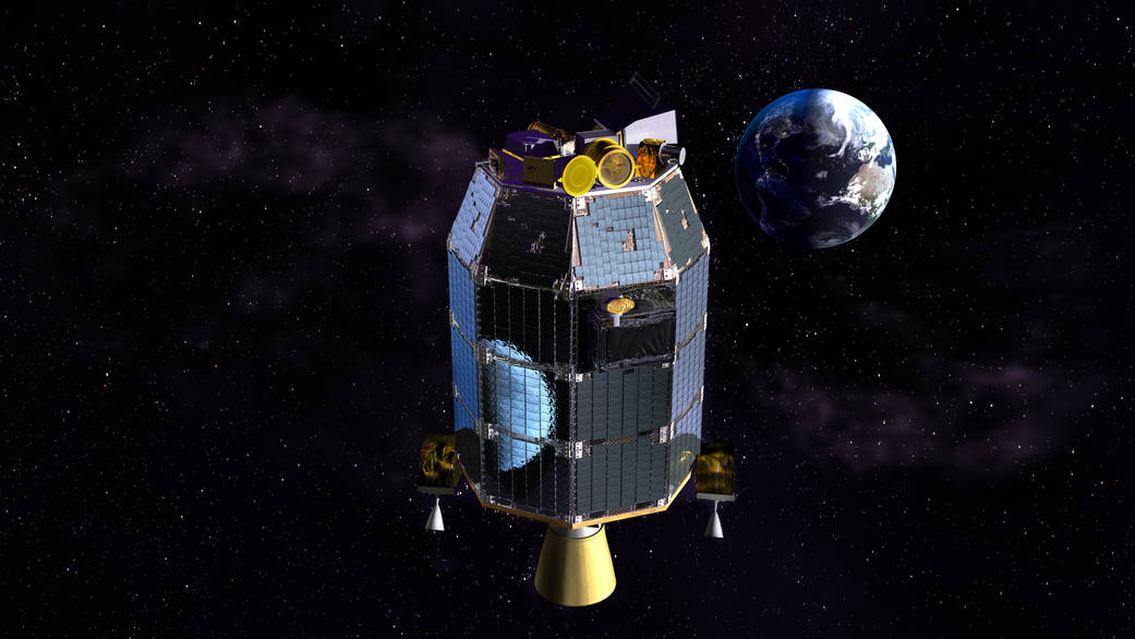 An artist's depiction of the LADEE observatory and Earth.