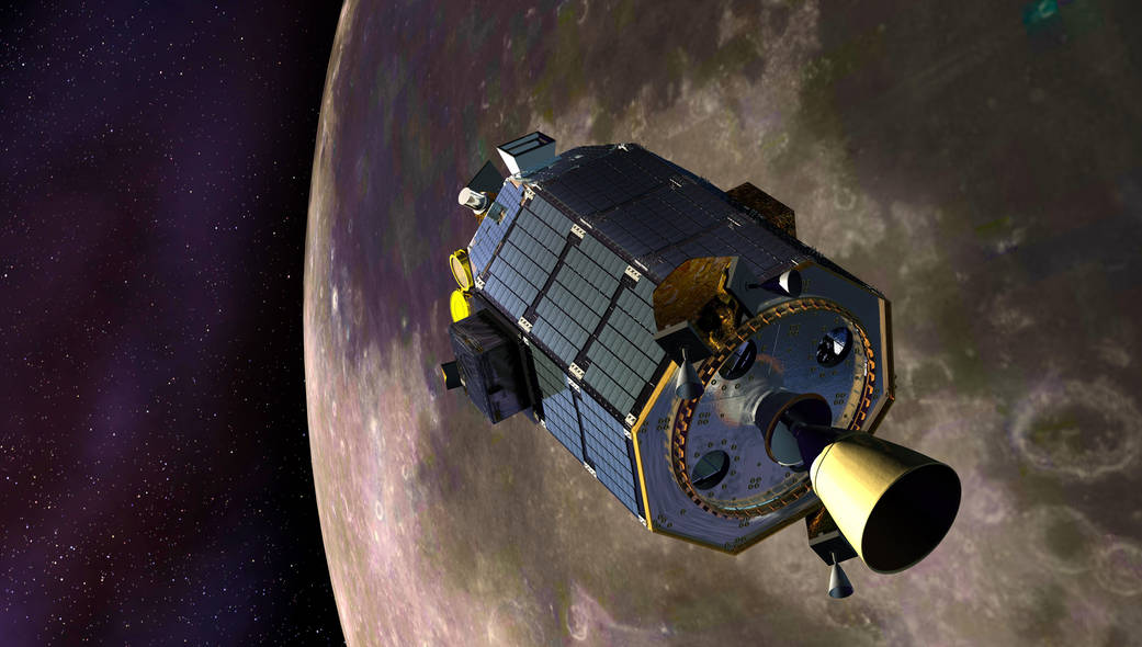 An artist's concept of LADEE above the moon, preparing to fire its maneuvering thrusters