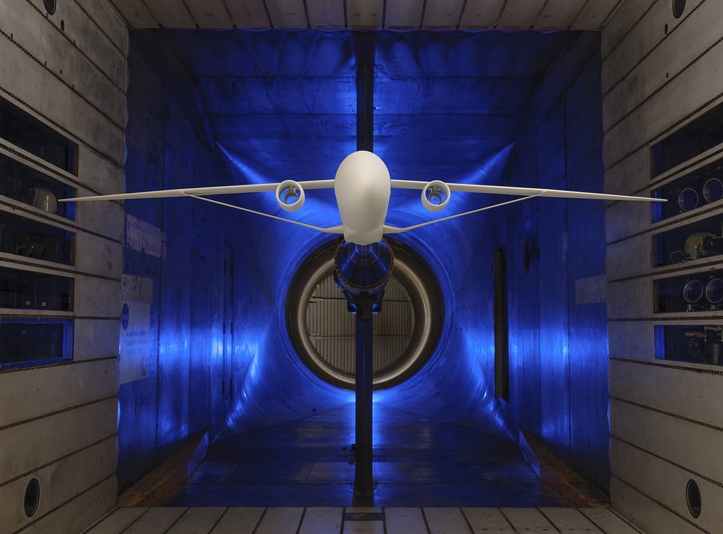 model of Truss Braced Wing aircraft in wind tunnel