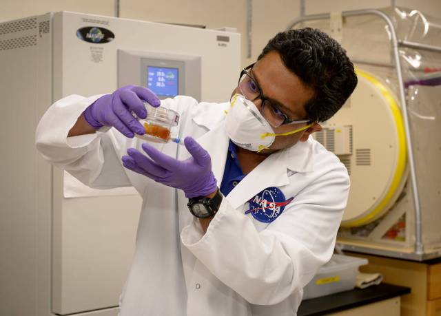 Aditya Hindupur, lead scientist for the BioNutrients experiment, inspects a production pack after removing it from an incubator in a lab at NASA’s Ames Research Center in California’s Silicon Valley.