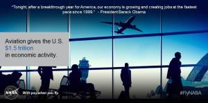 Aeronautics -- State of the Union Sharable. Image of passengers in silhouette at an airport terminal next to a large window with an airport tower in the background an an airplane in flight. In a gray box on the left is the text: Aviation gives the U.S. $1.5 trillion in economic activity. At the top of the image is the text: "Tonight, after a breakthrough year for America our economy is growing and creating jobs at the fastest pace since 1999." President Barack Obama.