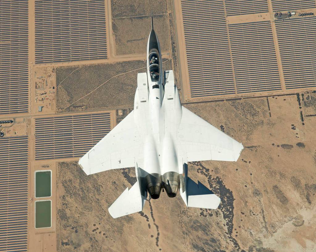 F-15B Flies Over Solar Farm