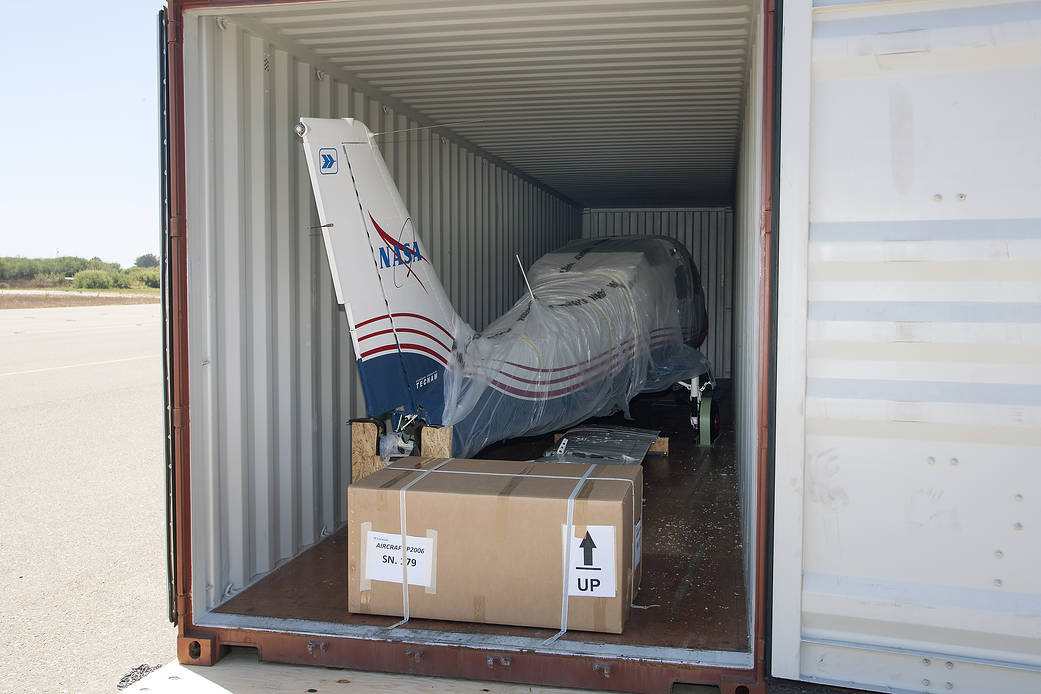 The Italian Tecnam aircraft fuselage, P2006T, arrived in California.