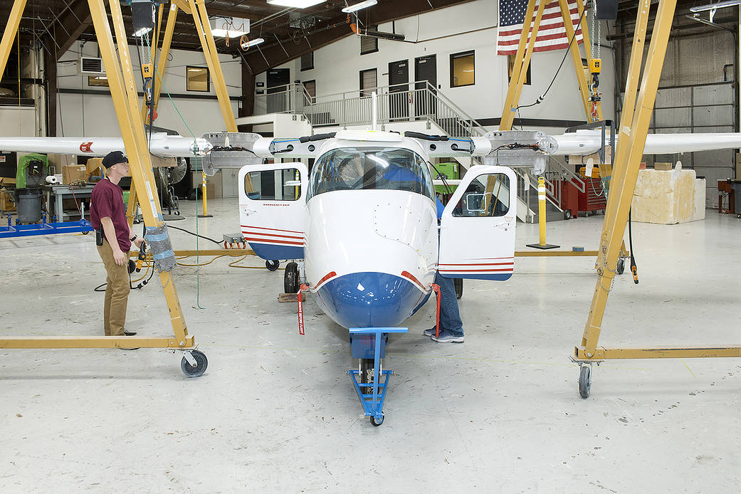 The Tecnam P2006T undergoes wing integration at Scaled Composites in Mojave.