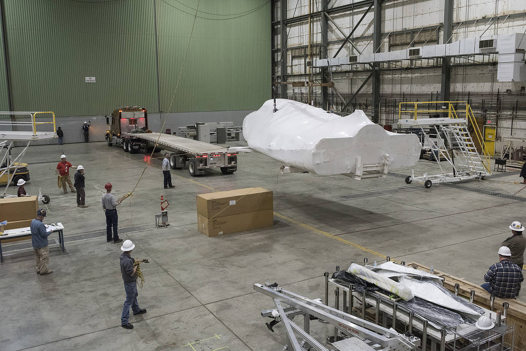 Sierra Nevada Corporation's space vehicle suspends in a hangar at NASA's Armstrong to undergo testing.