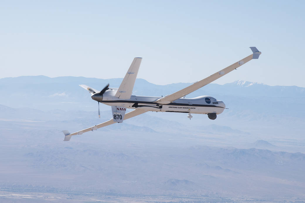 The Ikhana remotely piloted aircraft flies a research mission.