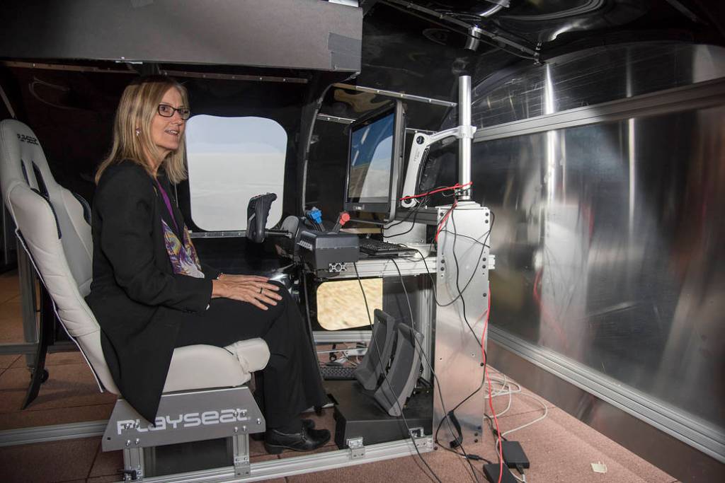 NASA Acting Deputy Chief Technologist Vicki Crisp in a Flight Simulator at NASA’s Armstrong Flight Research Center