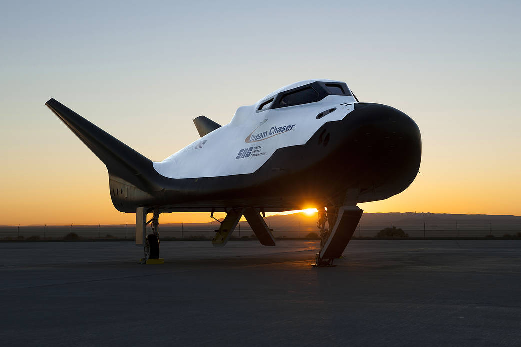 Sierra Nevada Corp’s Dream Chaser posed on ramp at sunrise at NASA Armstrong Flight Research Center.