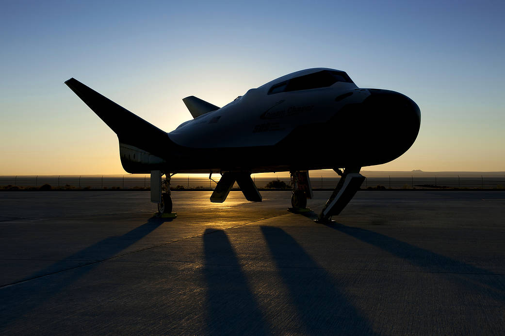 Sierra Nevada Corp’s Dream Chaser posed on ramp at sunrise at NASA Armstrong Flight Research Center.