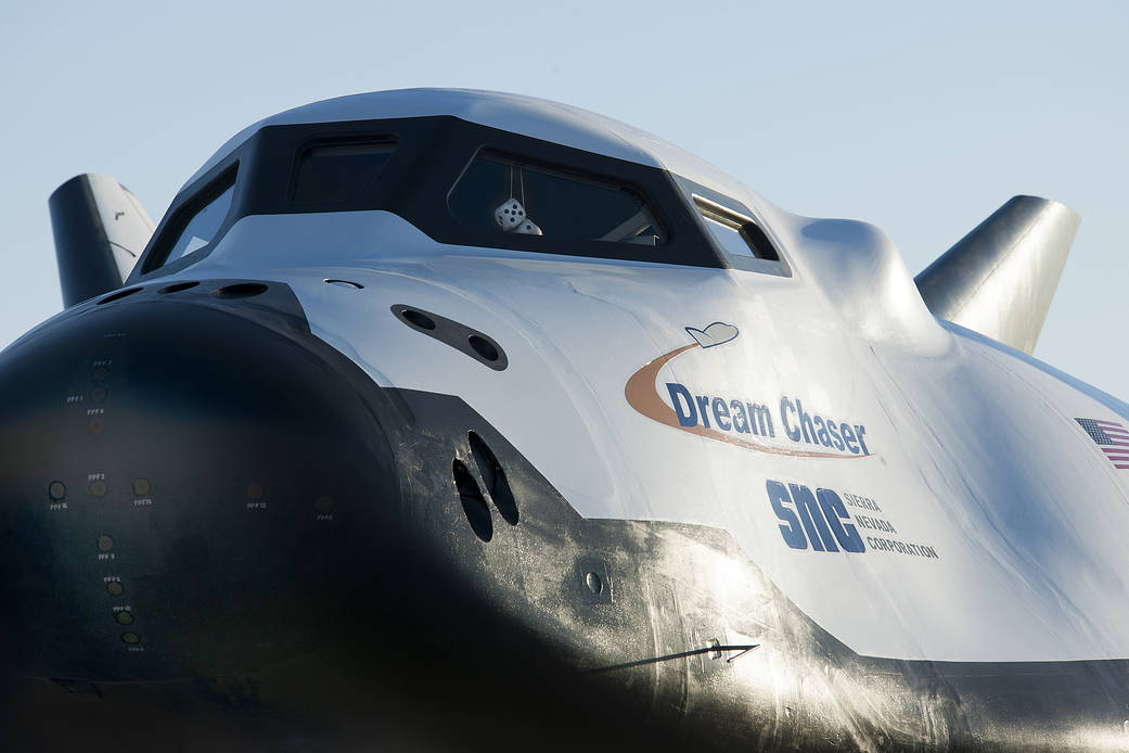 Sierra Nevada Corp’s Dream Chaser posed on ramp at sunrise at NASA Armstrong Flight Research Center.