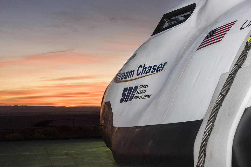 Sierra Nevada Corp’s Dream Chaser facing sunrise over Rogers Dry Lake