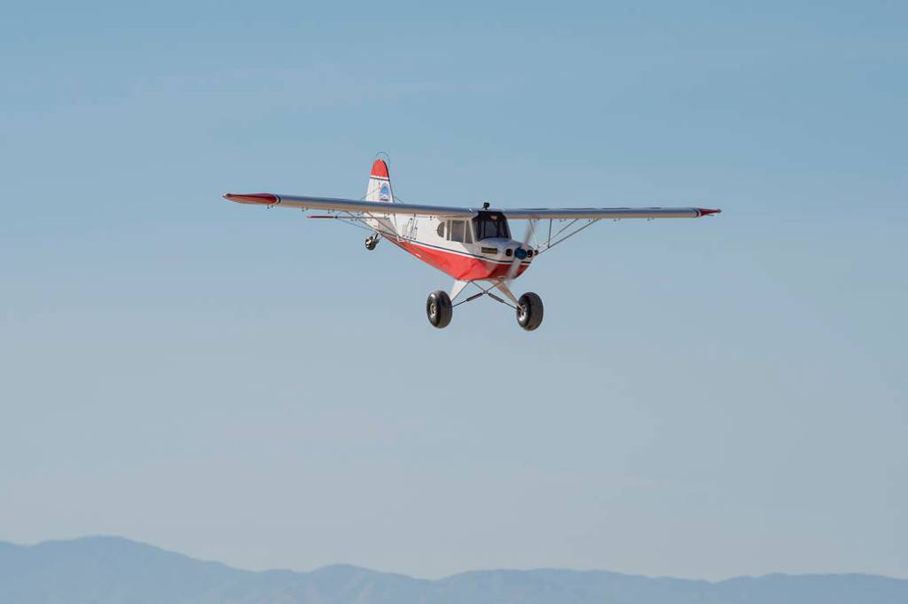 The MicroCub, a modified Bill Hempel 60-percent-scale super cub, approaches Armstrong Flight Research Center.