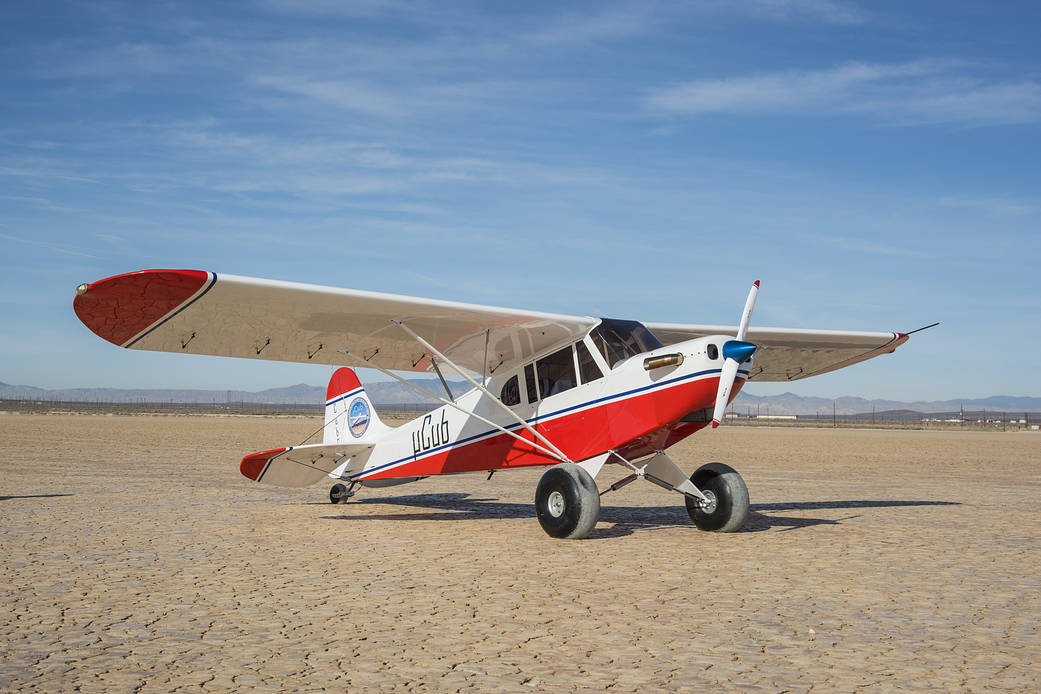 The MicroCub, a modified Bill Hempel 60-percent-scale super cub, sits on the lakebed at NASA’s Armstrong Flight Research Center.