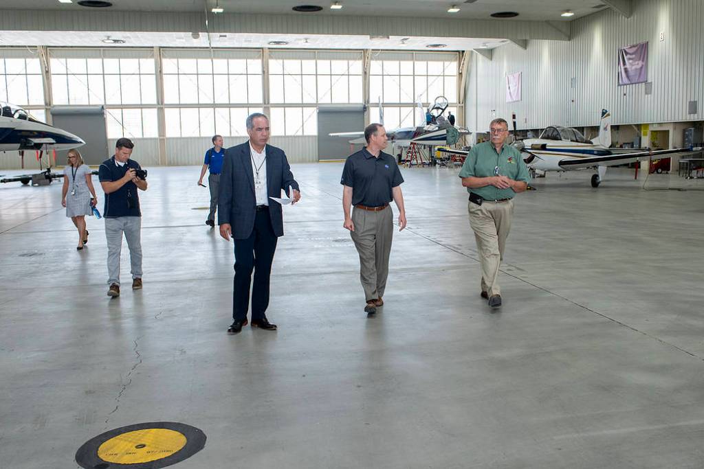 Administrator Bridenstine and Armstrong’s McBride in Aircraft Hangar