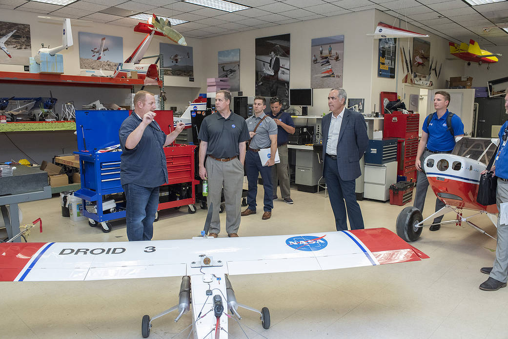 Inside Armstrong’s the Model Shop,” Robert “Red” Jensen talks to NASA Administrator Bridenstine about using small scale aircraft