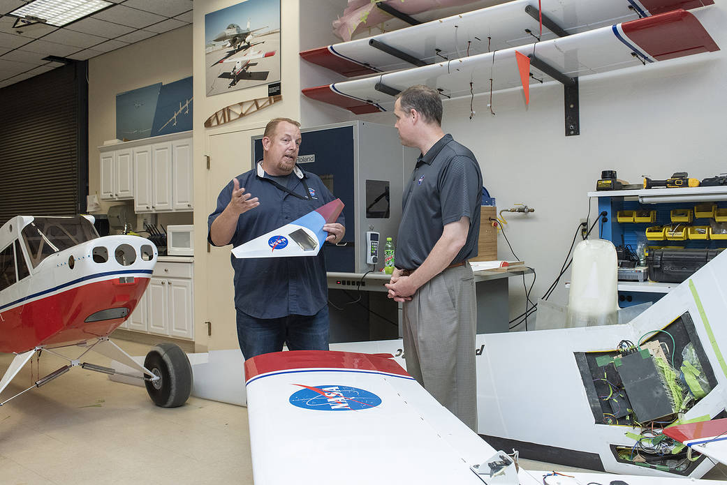 Robert “Red” Jensen talks to NASA Administrator Jim Bridenstine about using small scale aircraft.