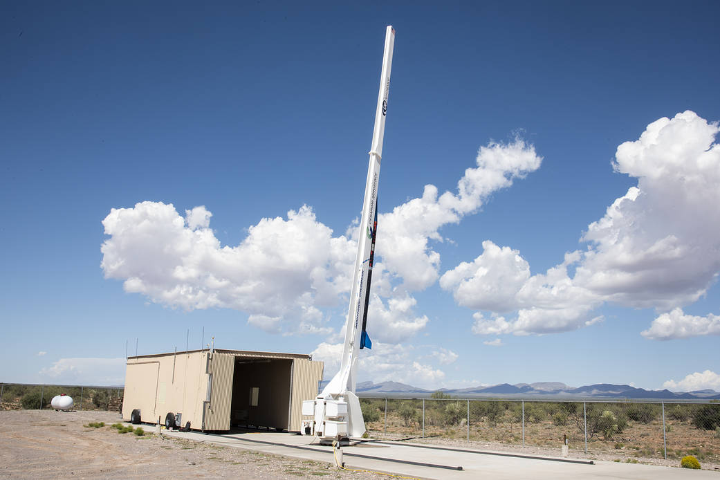 UP Aerospace’s rocket poised to launch at Spaceport America in New Mexico.