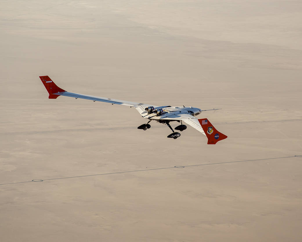 The X-56A flies a research flight in the skies above Edwards Air Force Base.