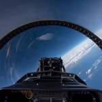 View within the NASA Armstrong Flight Research Center’s F/A-18 research aircraft cockpit, while in flight.