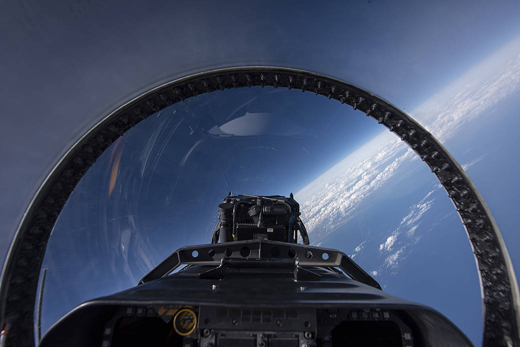 View within the NASA Armstrong Flight Research Center’s F/A-18 research aircraft cockpit, while in flight.